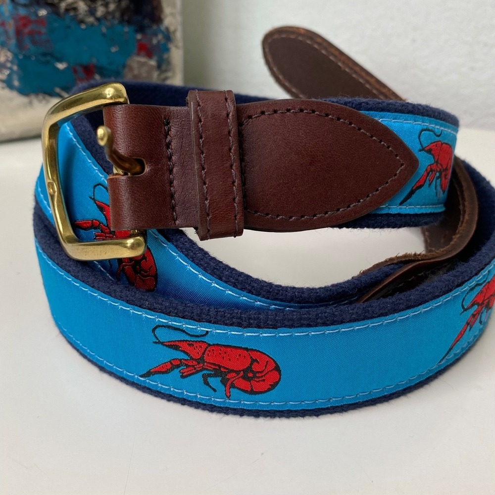 The Belted Cow Co. Crawfish Print Belt Men's 42 Brass Buckle Preppy Nautical